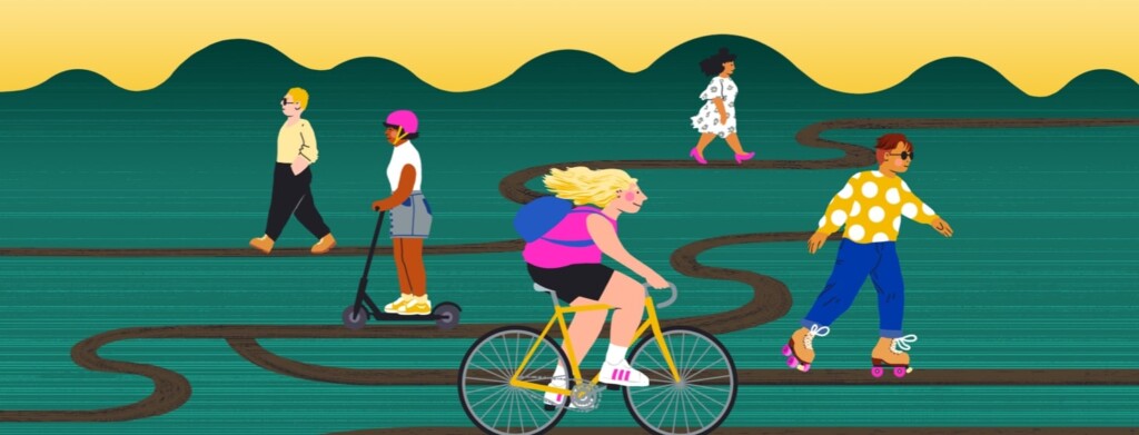 A diverse number of people are biking, roller skating, and walking in different directions on a winding path