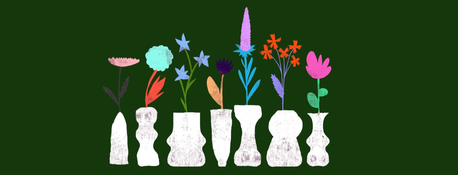 A row of vases are lined up each holding a single flower. The vessels are all different shapes and sizes.