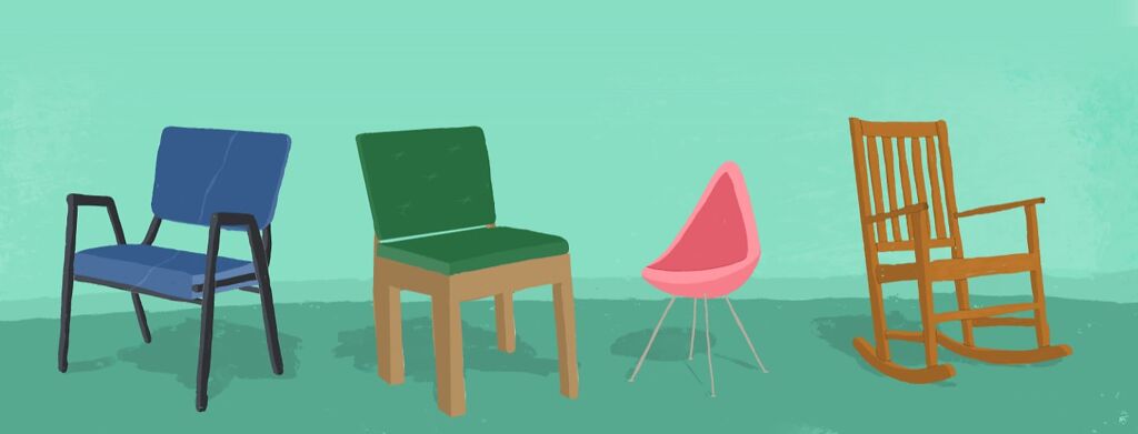 A grouping of different chairs with different levels of size and sturdiness.