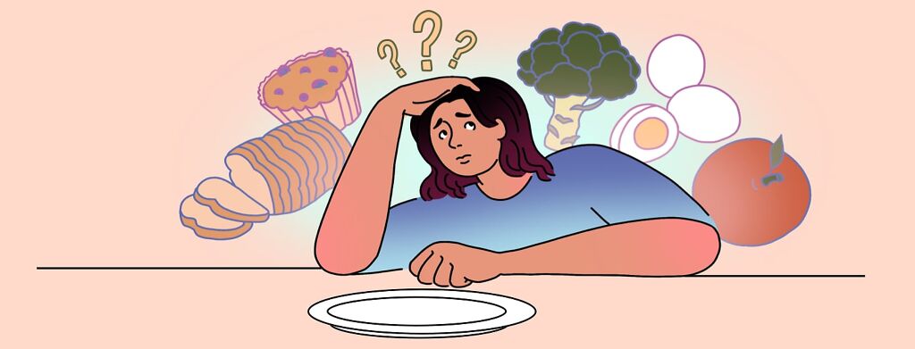 A woman worried about food satiation looks at floating items of food above her head as an empty plate sits in front of her.