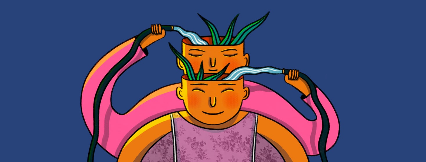 A parent and child have potted plants for heads. The parent is watering their head as well as their child's to symbolize caring for themself and their child.