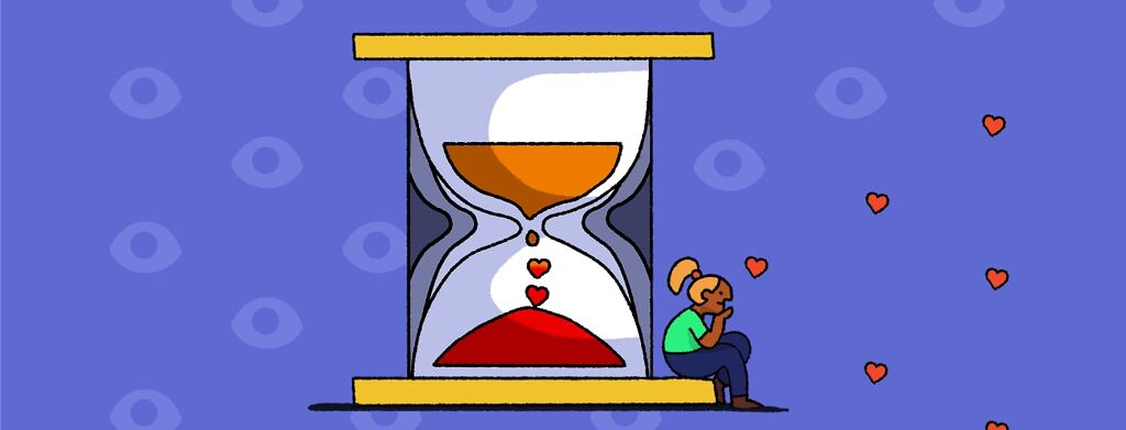 A woman sits against a giant hourglass with different sizes inside. There are a series of eyes staring in the background. She sits with a neutral expression but a few hearts surround her.