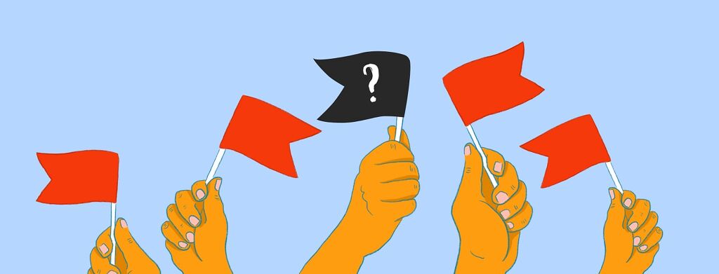 Four hands hold up and wave small red flags. There is a black flag in the middle with a question mark on it.