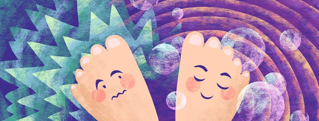 One foot with a worried expression with jagged rays behind it looks at a happy foot with bubbles floating around it.