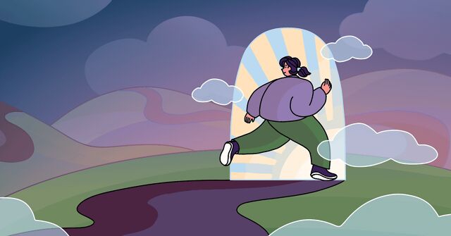 Among a landscape of hills and paths, a woman walks on a path towards a door filled with a sunrise.