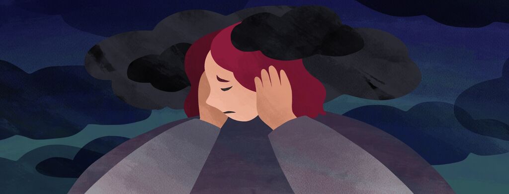 A woman puts her hands to her head with a sad expression as dark clouds float around her.