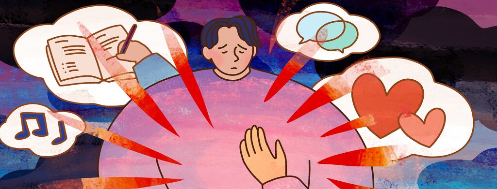 A man looks down with a sad expression surrounded by dark clouds as stress lines radiate from his body. Around him, white clouds show habits that can help reduce stress, like journaling, talking with others, and listening to music.