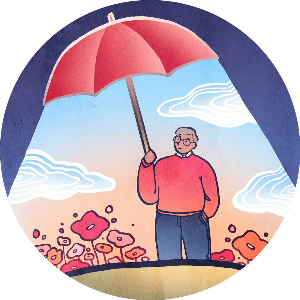 A man holds an umbrella which creates a canopy of a bright sky and flowers on the ground.