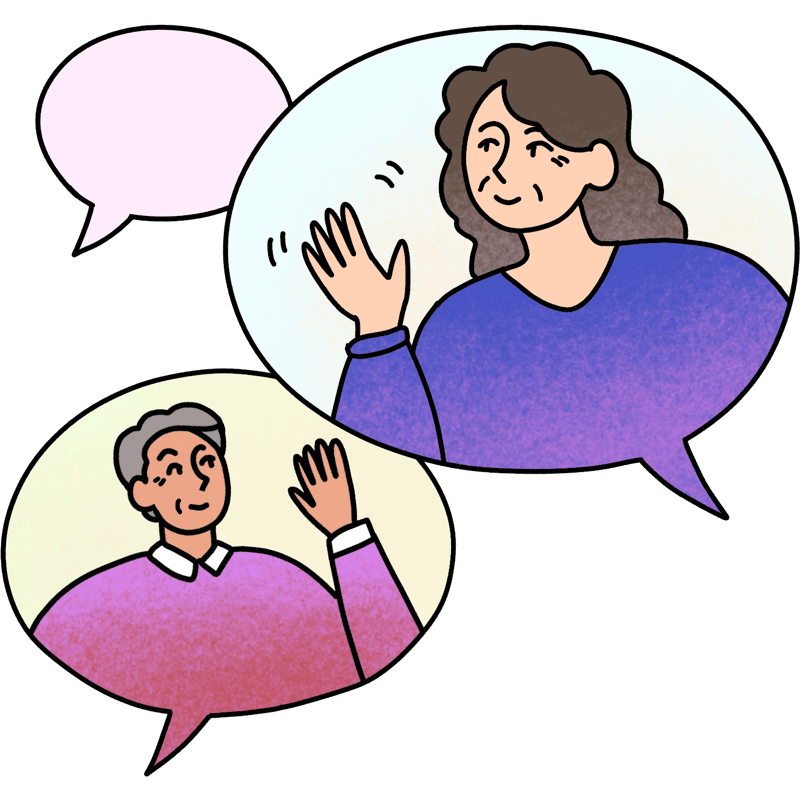 A senior man and woman smile and wave inside speech bubbles.
