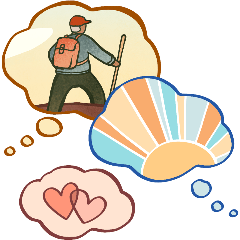 Thought bubbles contain images of a man hiking, a sunrise, and two hearts.