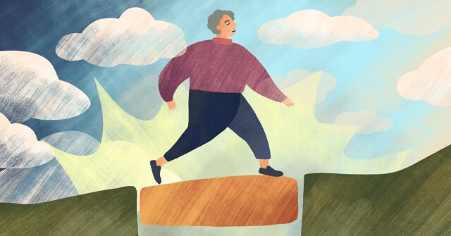 A woman walks between two hills on a glowing bridge as the sky around her shifts from dark and cloudy to bright.