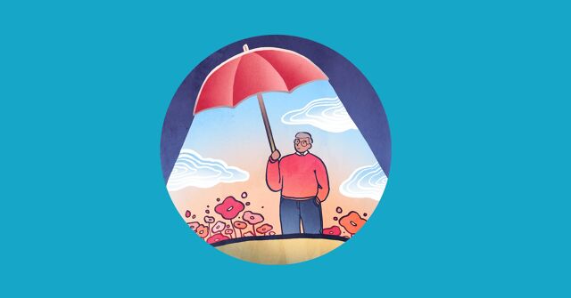 A man blocks out the dark with an umbrella, everything underneath is sunny and lovely